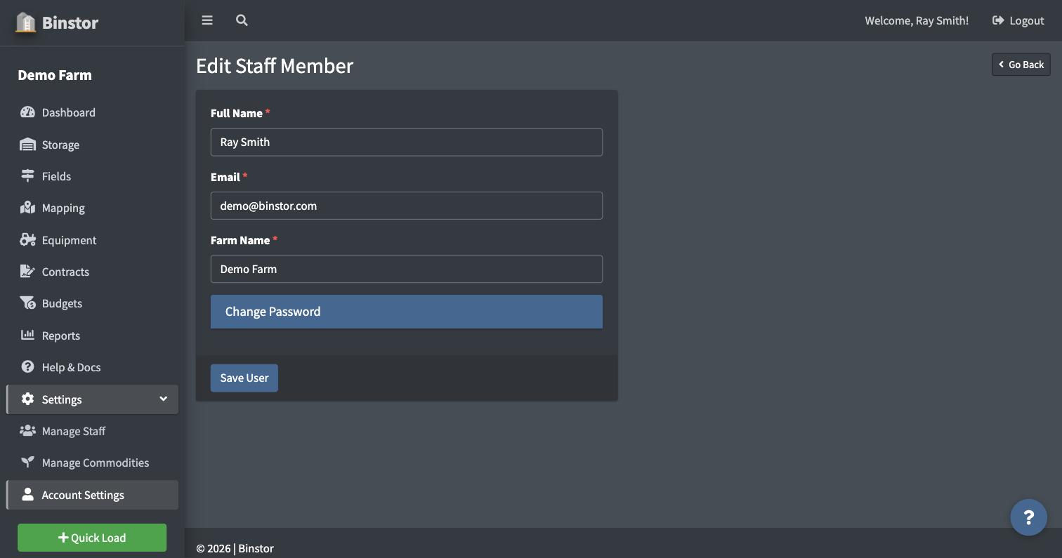 Account Settings form with Full Name, Email, Farm Name and the Change Password button