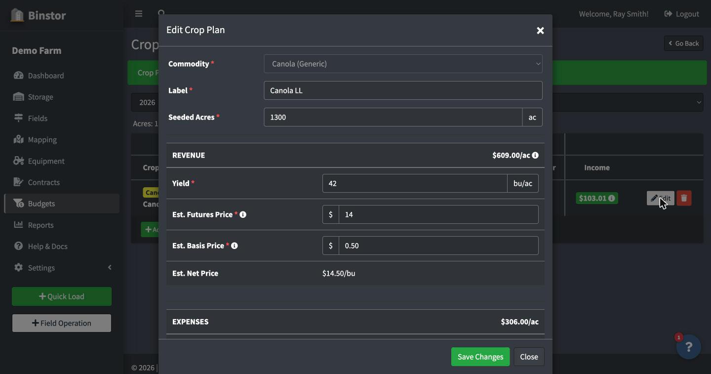 Add Crop Plan form filled out with acres, yield, pricing, and expenses