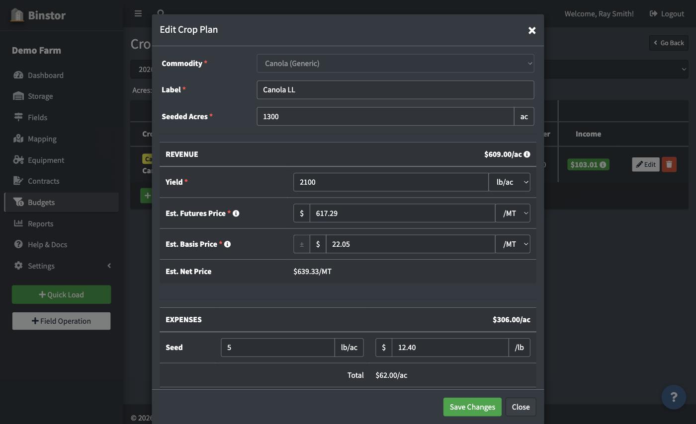 Add Crop Plan form filled out with acres, yield, pricing, and expenses