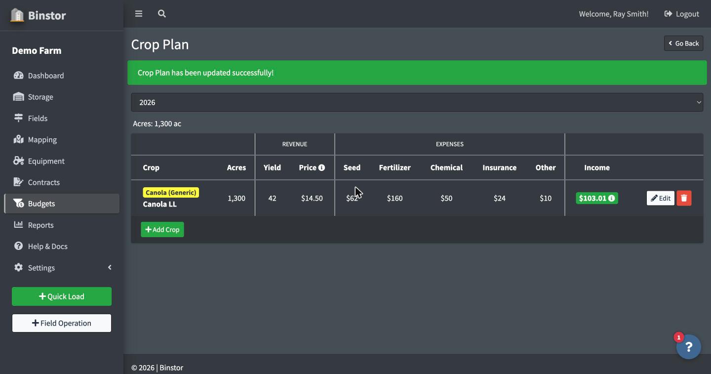 Crop Plan page showing the saved crop line with its Income figure