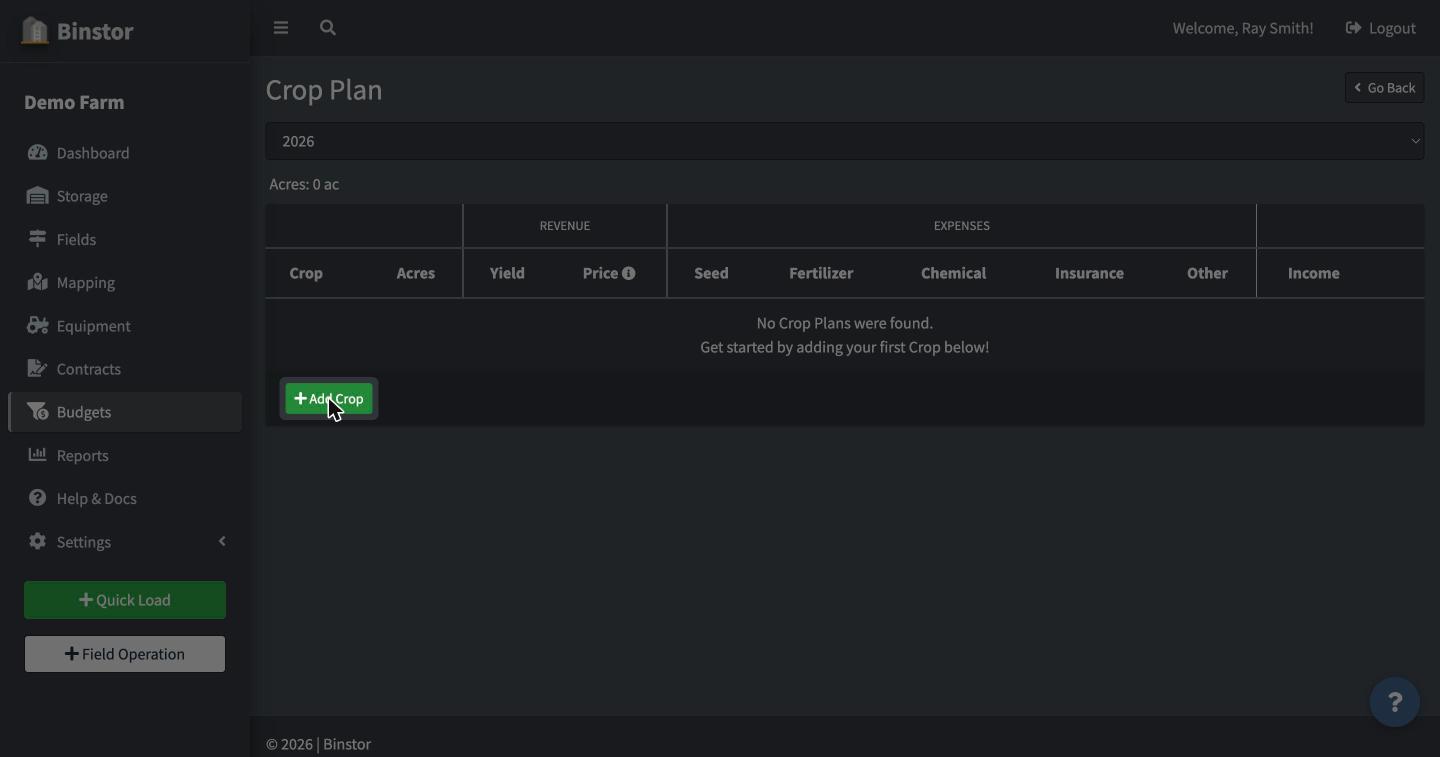 Crop Plan page with no crops yet and the Add Crop button