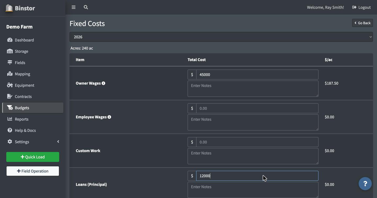 Fixed Costs form with Owner Wages and Loans filled in