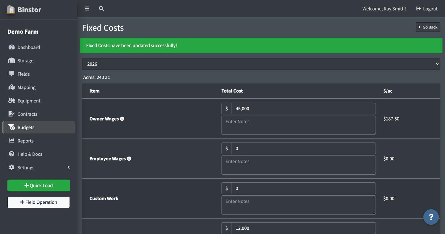 Fixed Costs page after saving, showing the calculated $/ac figures