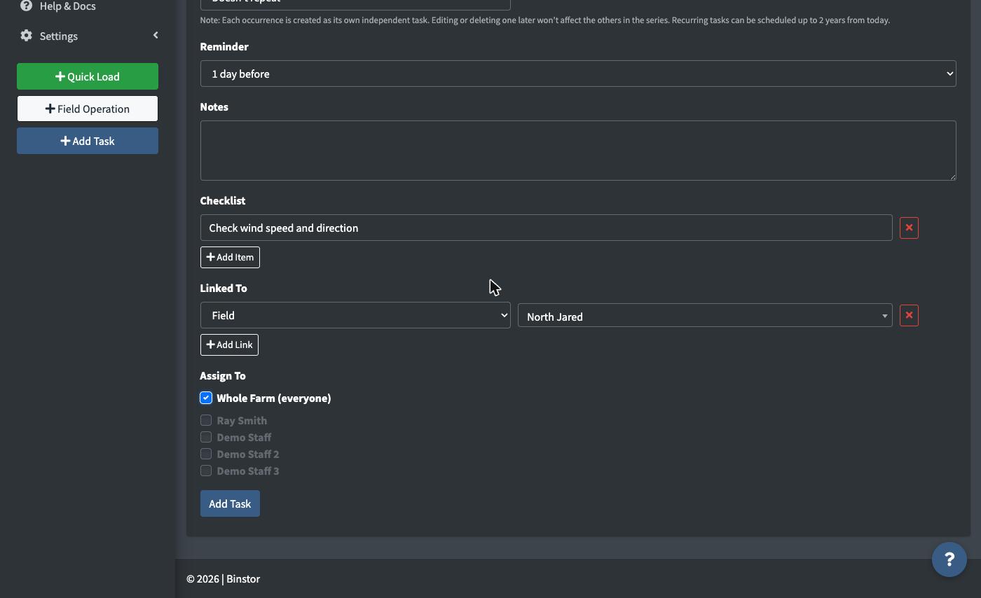 Checklist, Linked To, and Assign To sections of the Add Task form