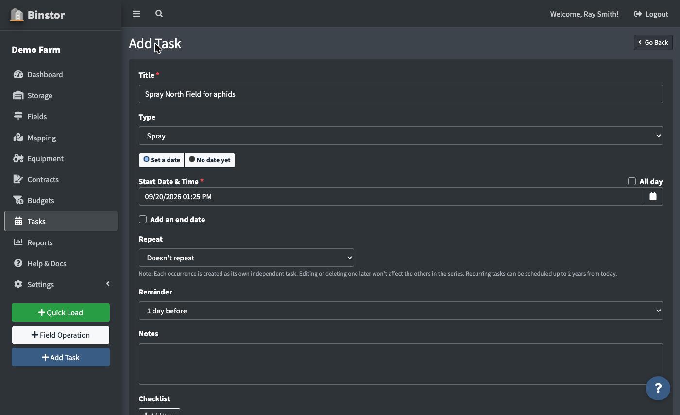 Add Task form showing title, type, date, and reminder fields