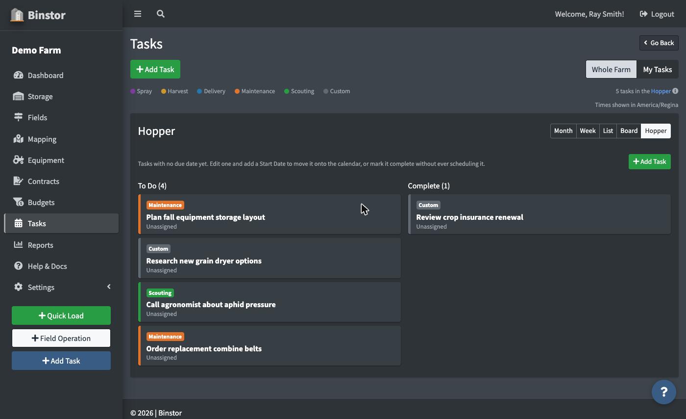 Hopper view listing unscheduled tasks in To Do and Complete columns