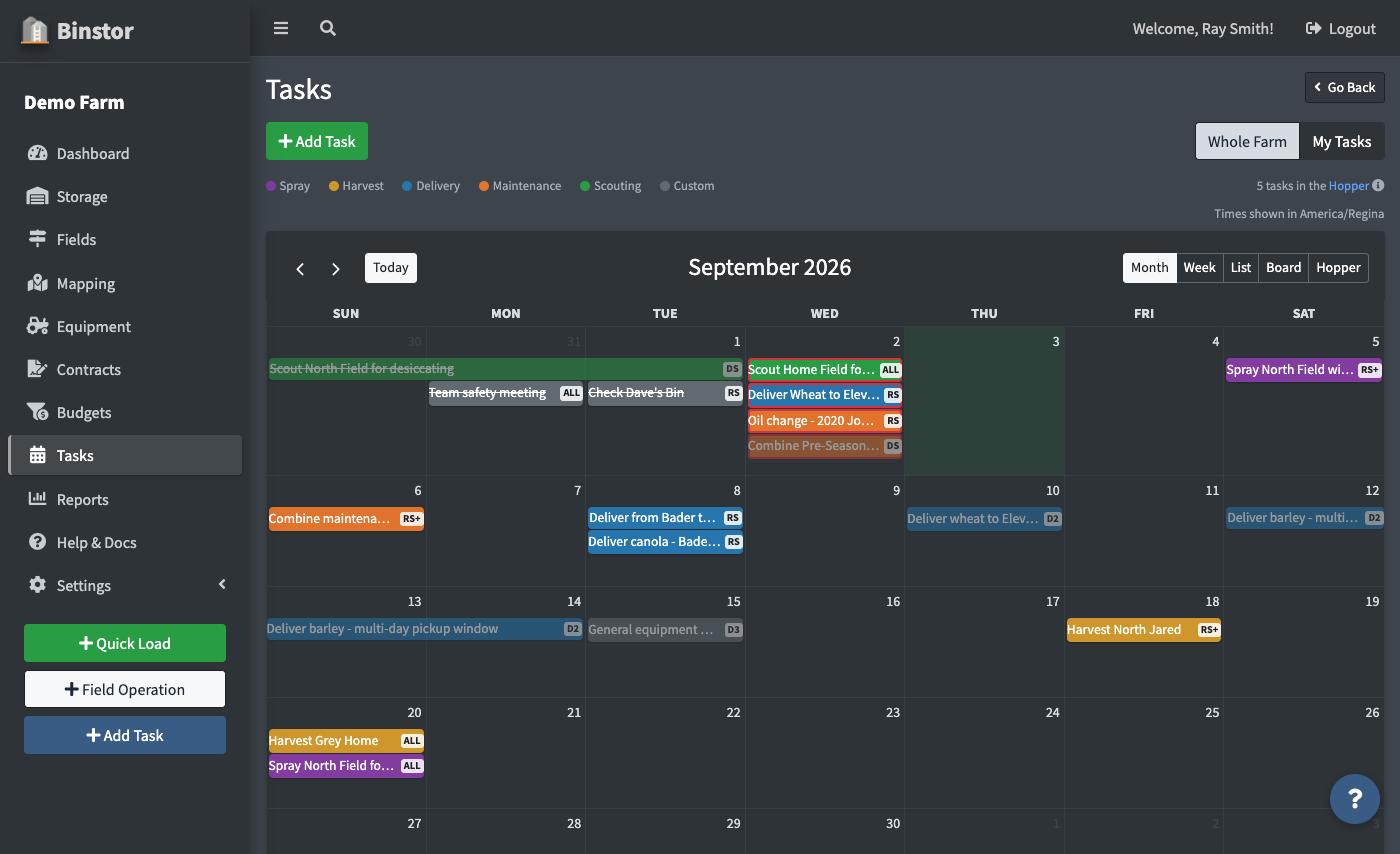 Calendar month view with color-coded tasks by type