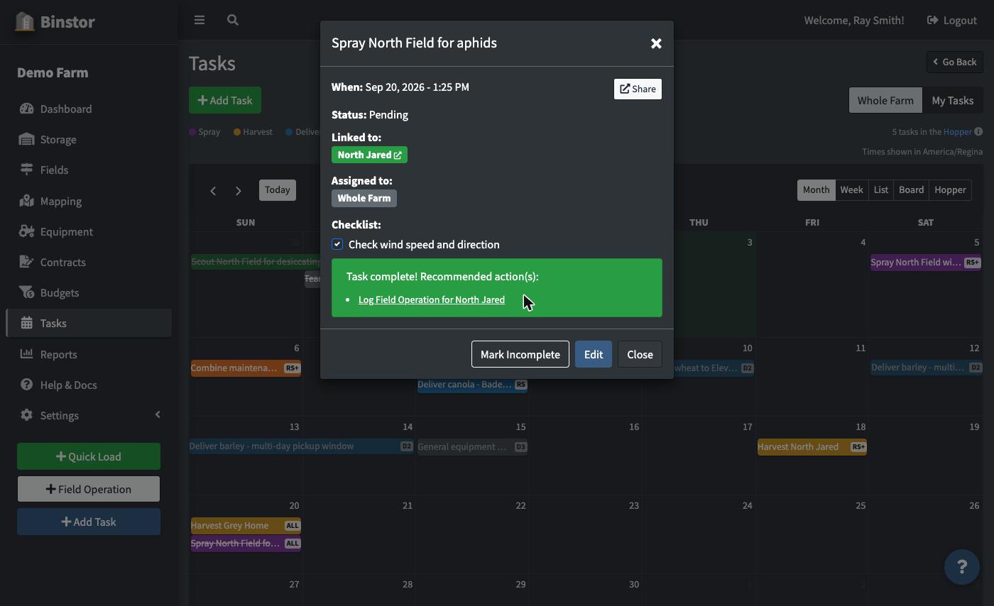 Completed task showing the checklist and Recommended action(s) prompt
