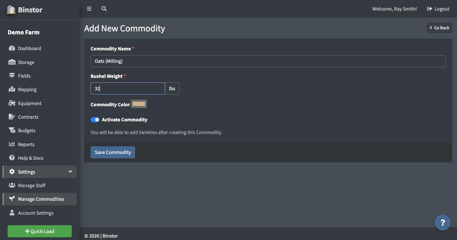 Add New Commodity form filled out with name and bushel weight