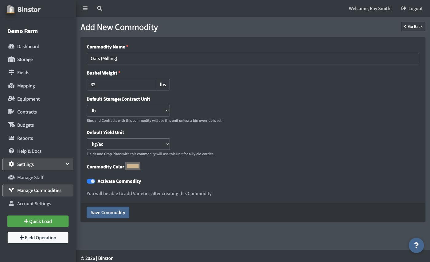 Add New Commodity form filled out with name, bushel weight, and both default units
