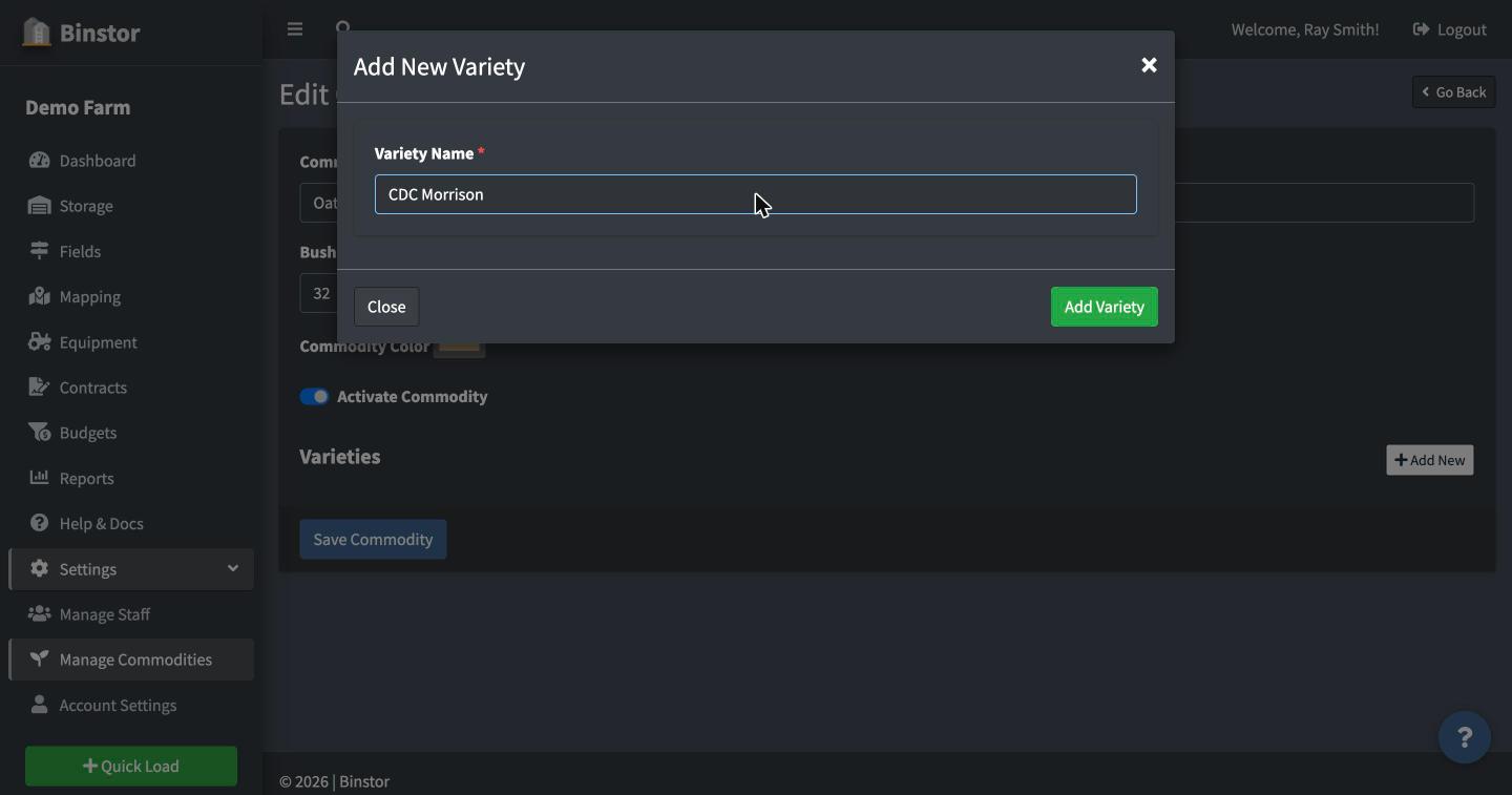 Add New Variety form with a variety name entered