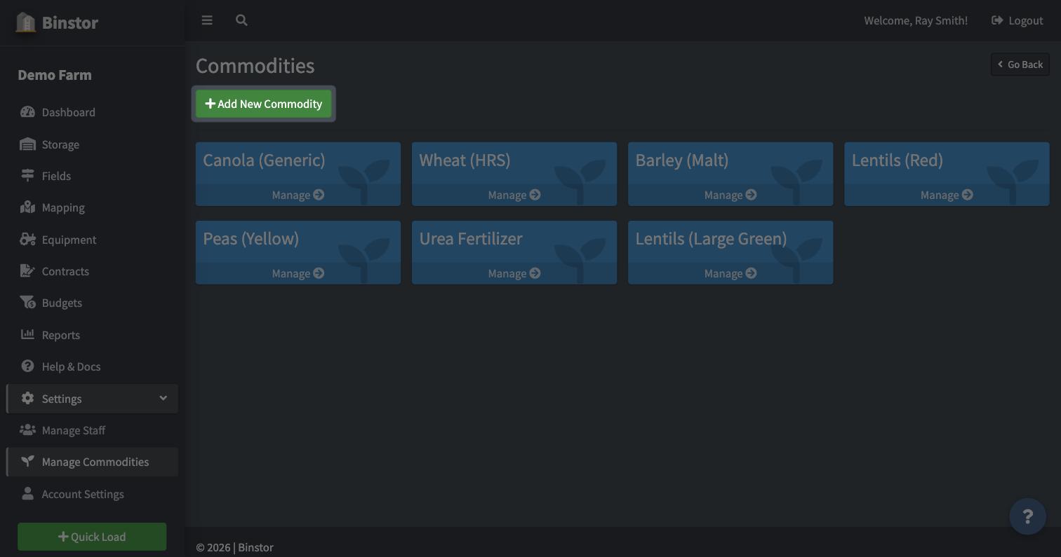 Commodities page with the Add New Commodity button