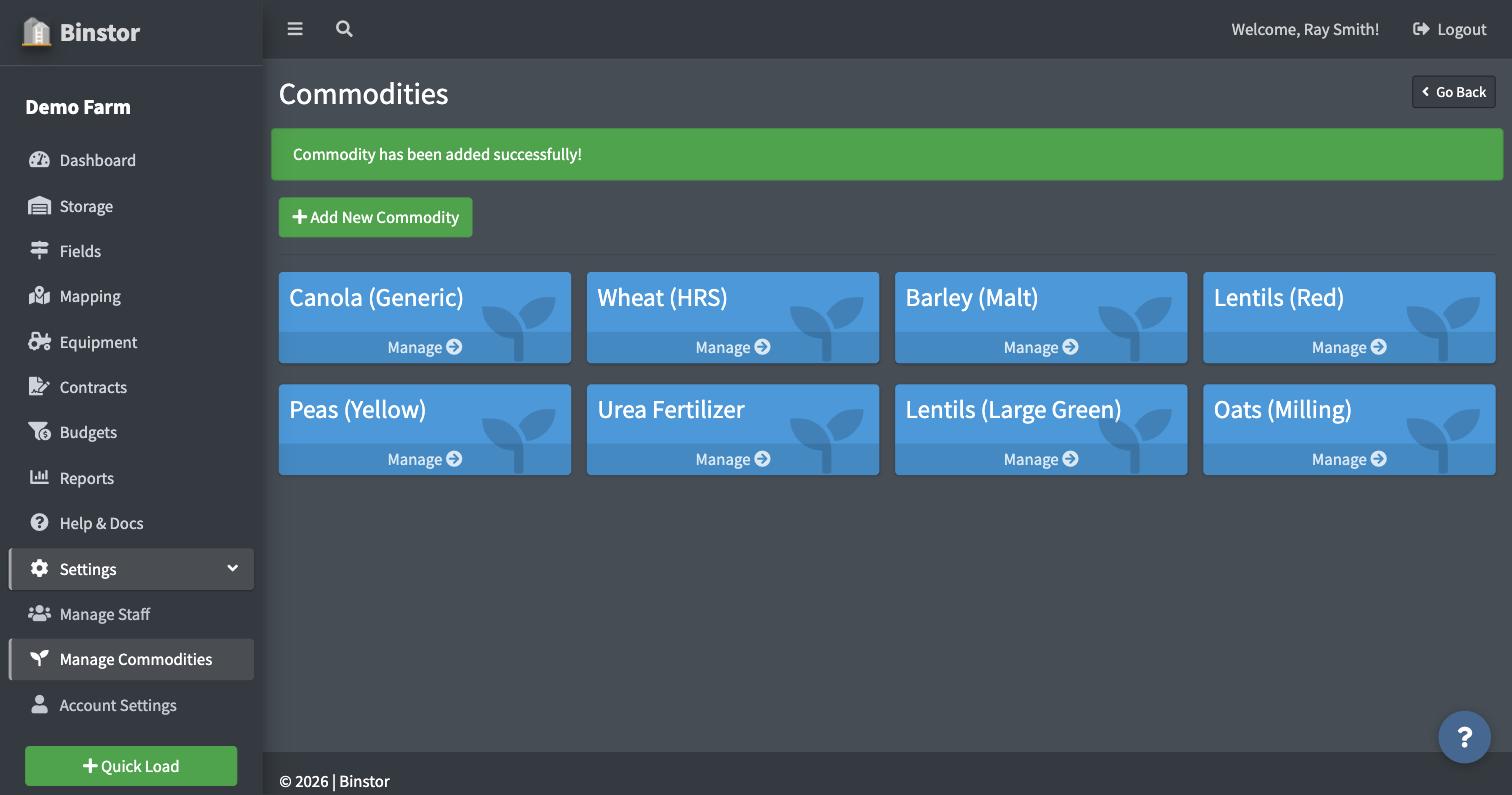 Commodities page showing the new commodity added successfully
