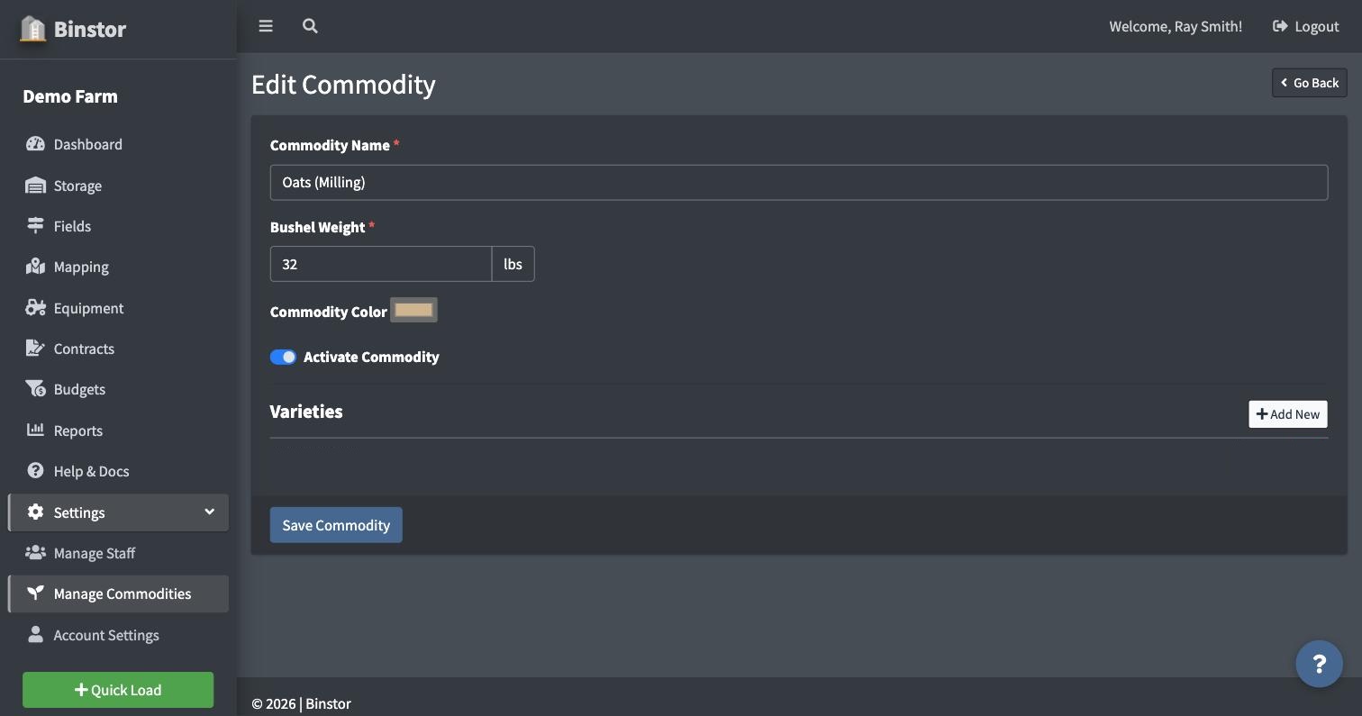 Edit Commodity page with the Varieties section