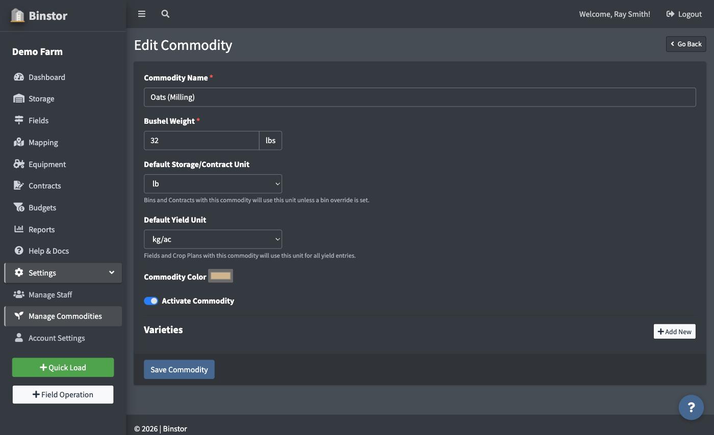 Edit Commodity page with the Varieties section