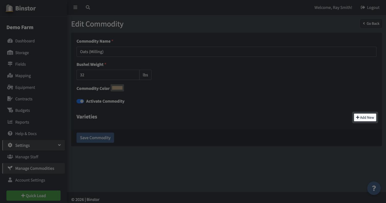 Edit Commodity page with the Add New button highlighted