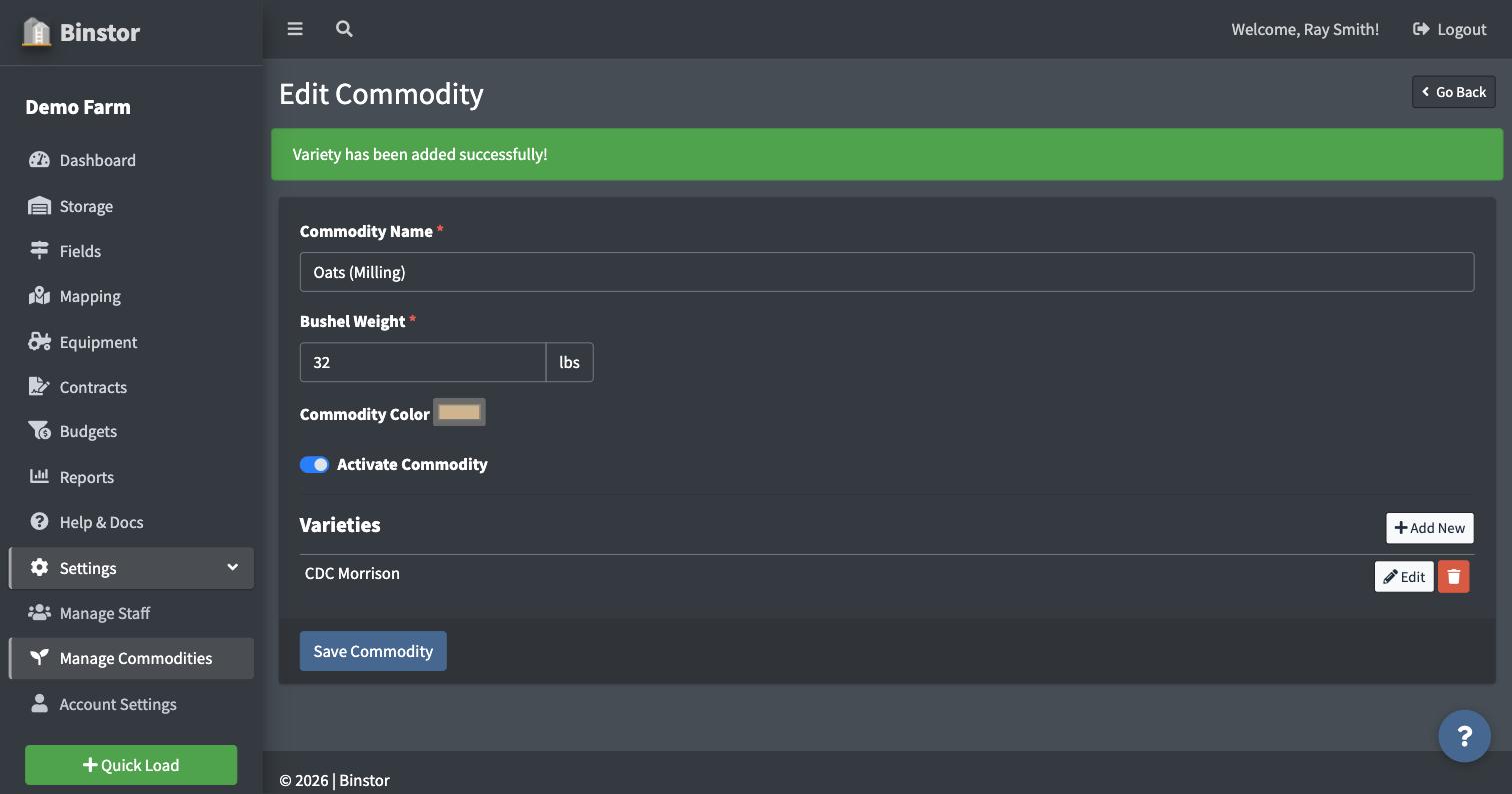 Edit Commodity page showing the new variety with edit and delete icons
