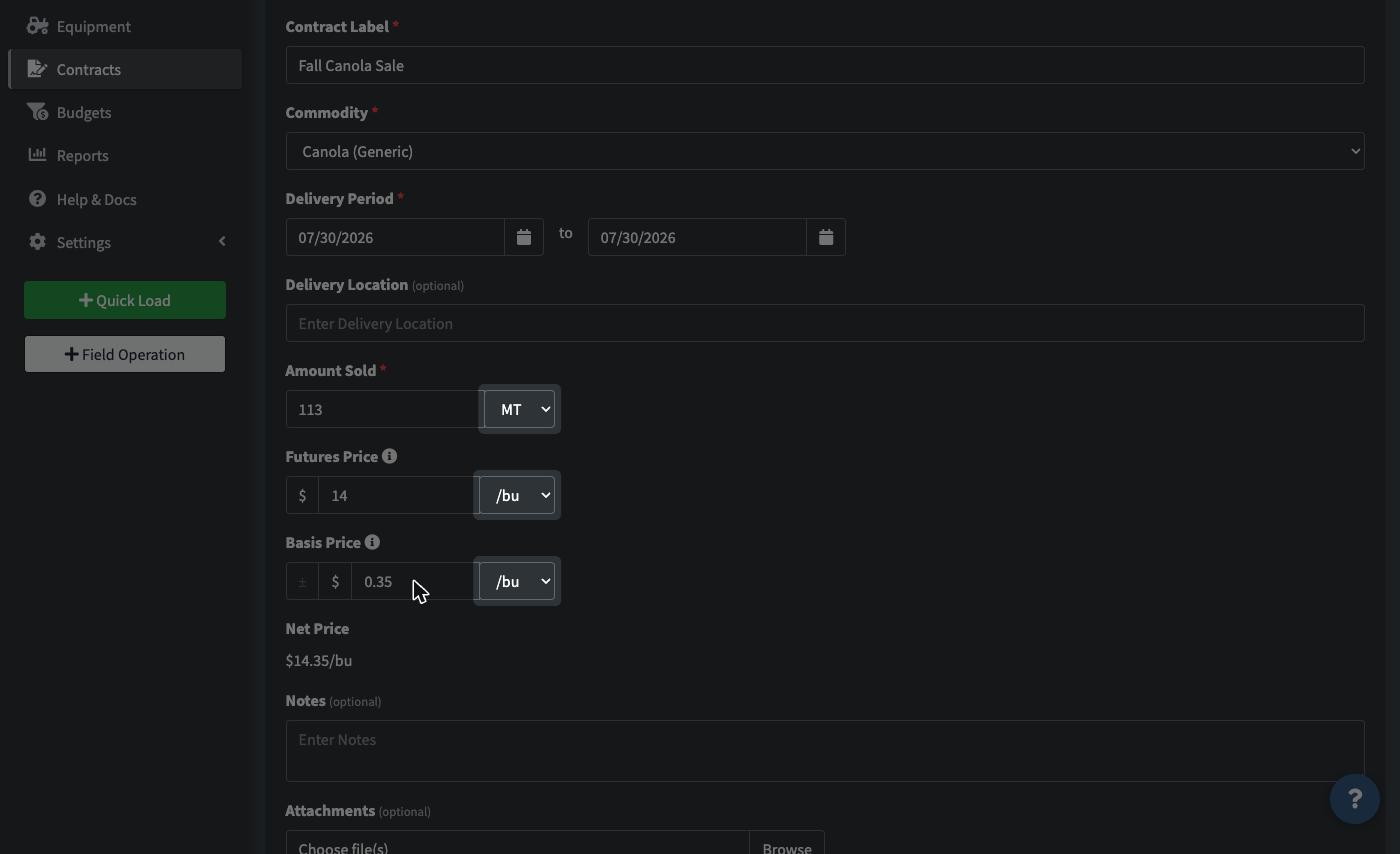 Add New Contract form filled out with label, commodity, and amount