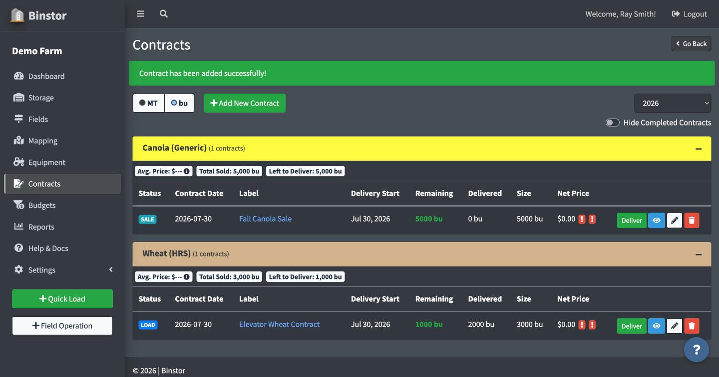 Contracts page showing the new contract added successfully