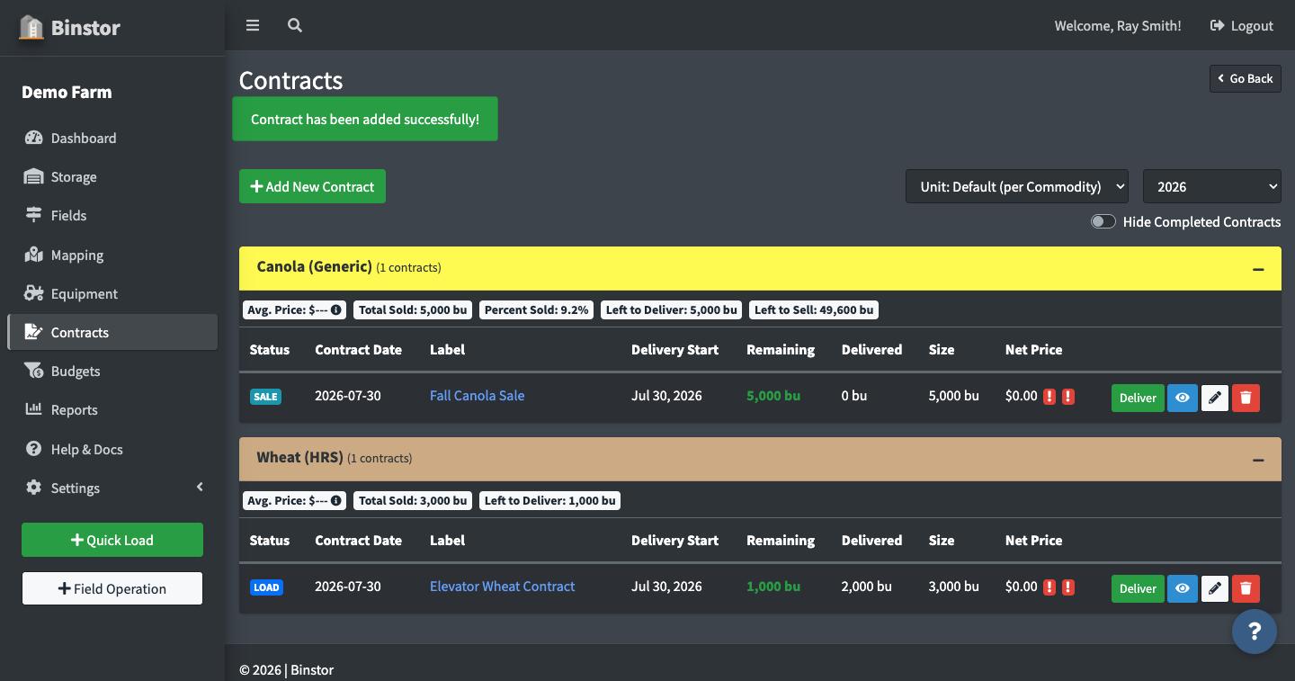 Contracts page showing the new contract added successfully
