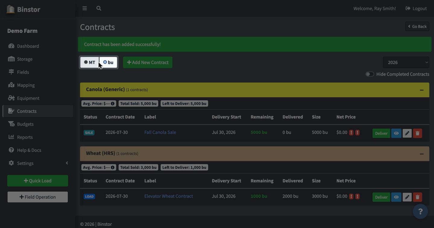Contracts page with the bu/MT unit toggle