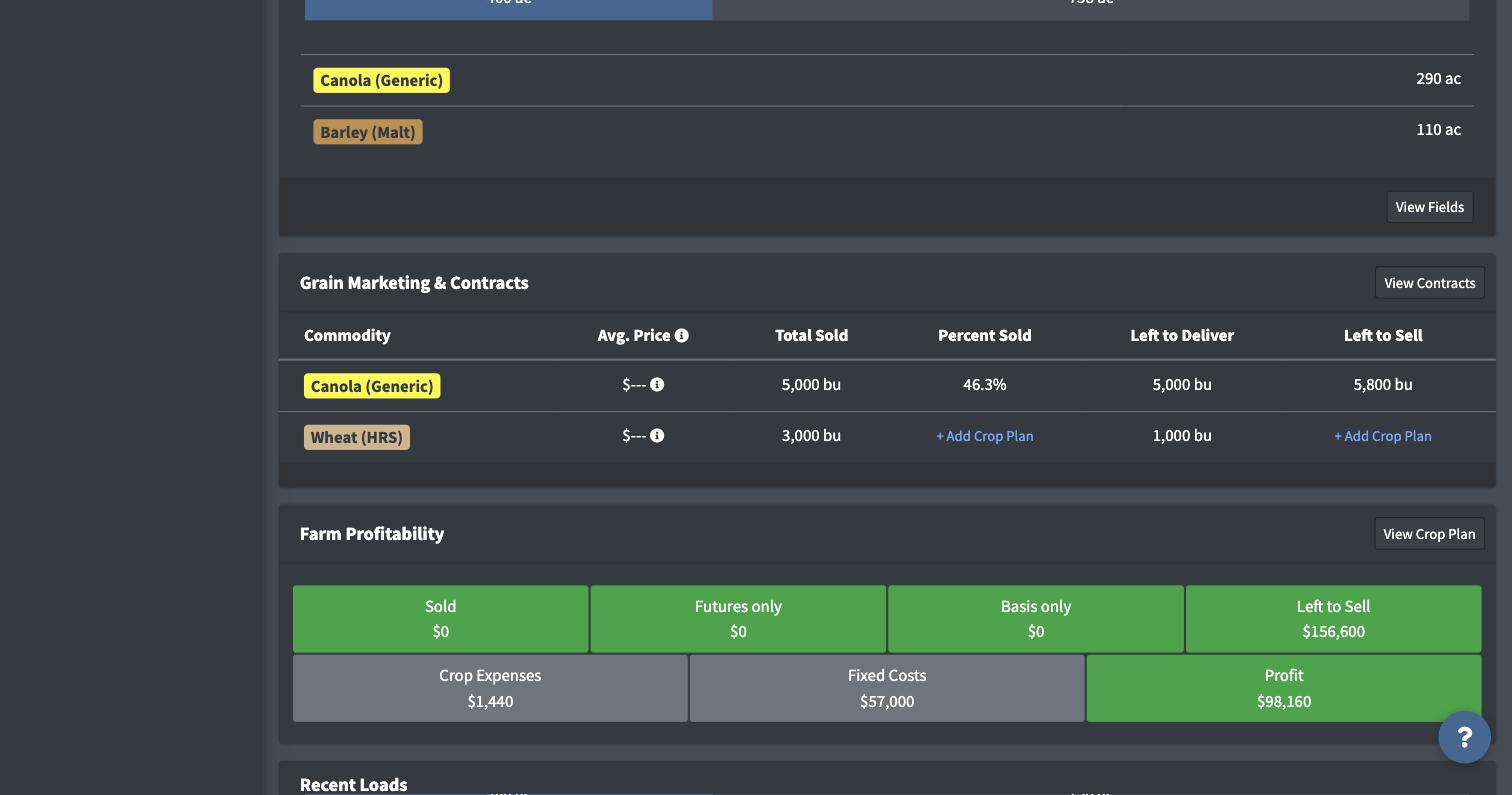 Dashboard showing Grain Marketing & Contracts and Farm Profitability widgets