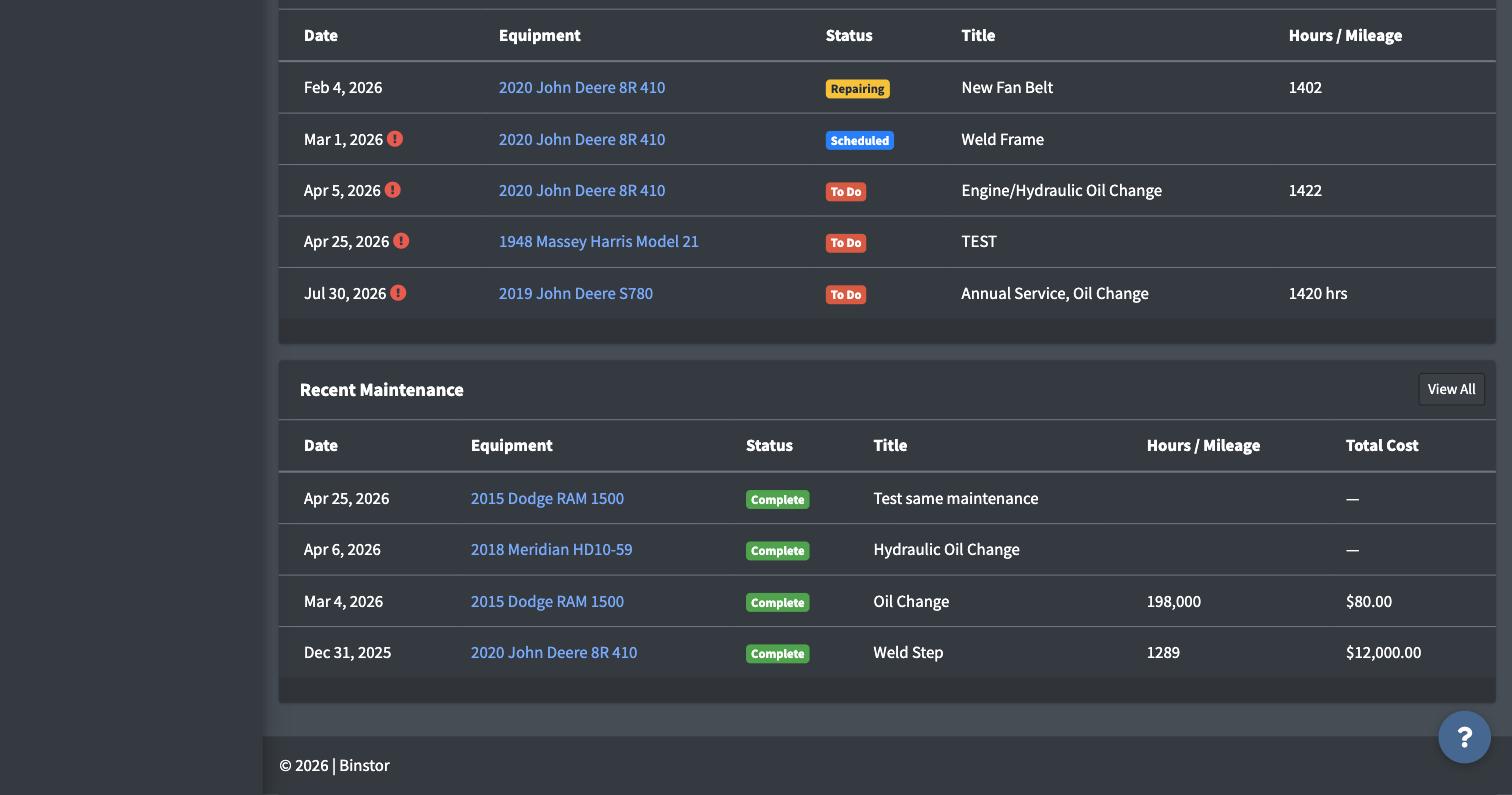 Dashboard showing Upcoming and Recent Maintenance tables