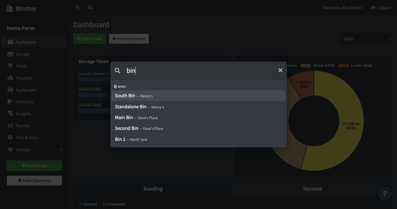 Quick Search overlay showing bin results for "bin"
