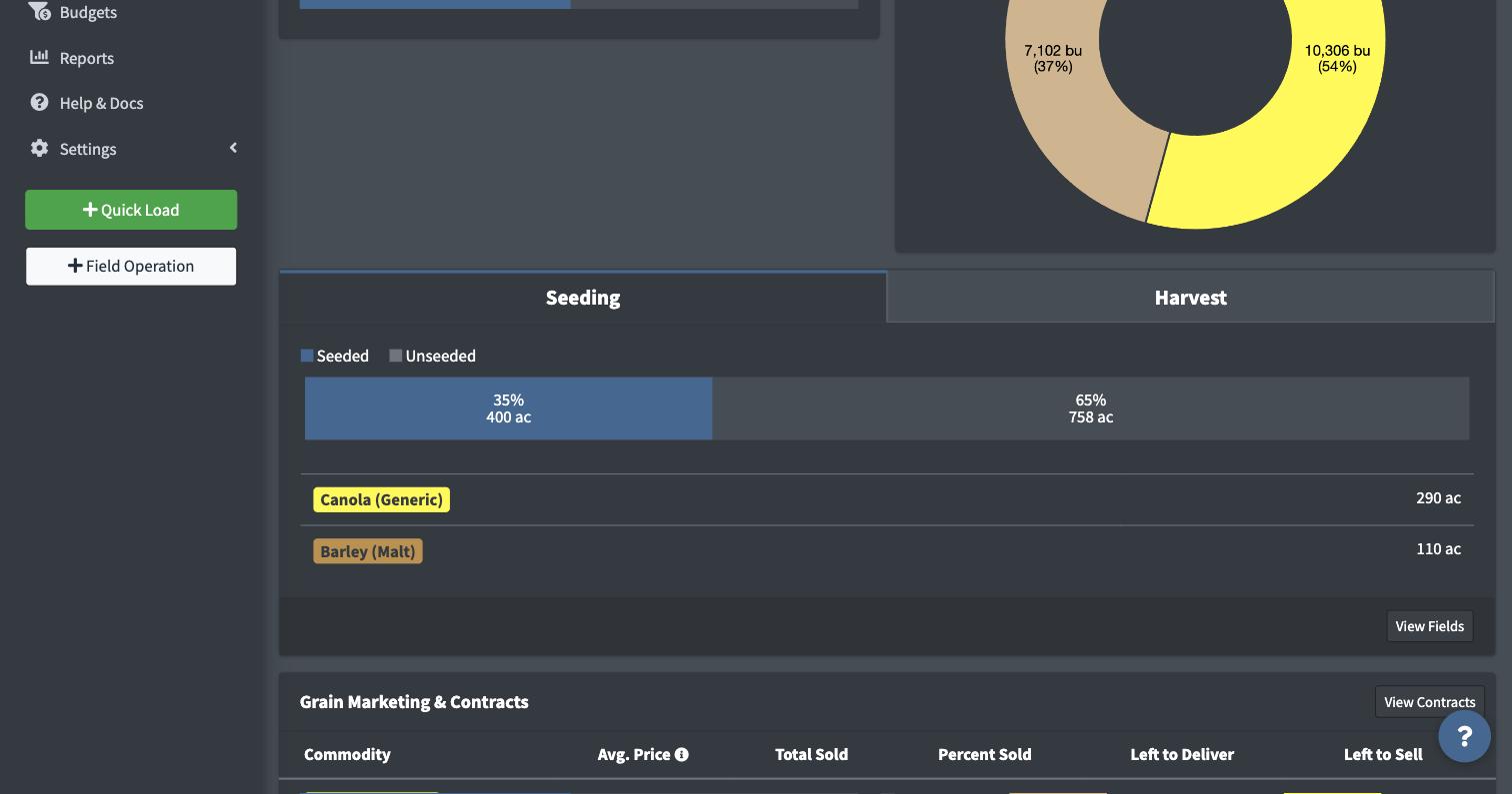 Dashboard showing Seeding progress bar and Grain Marketing & Contracts table