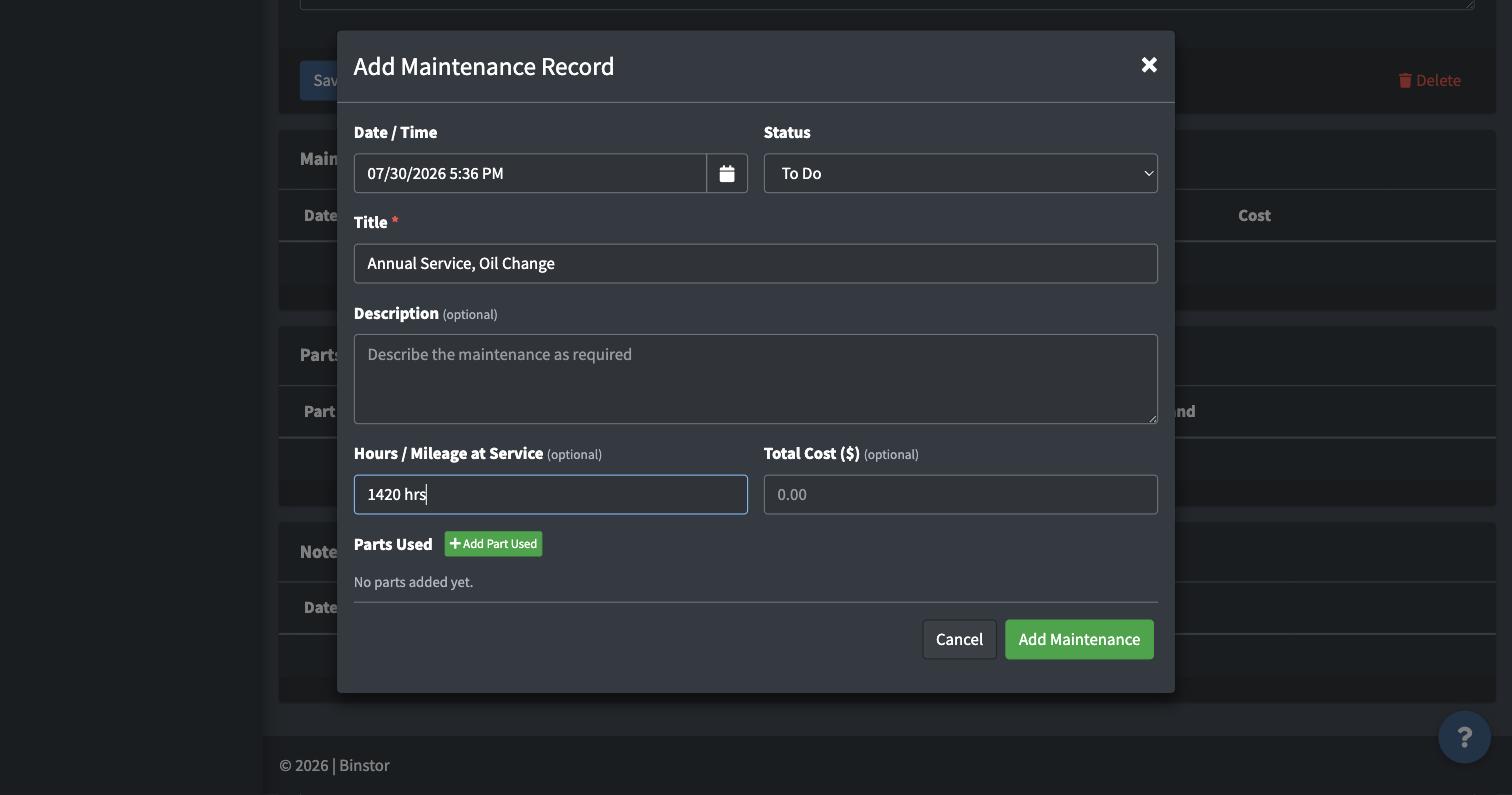 Add Maintenance Record form filled out with title and hours