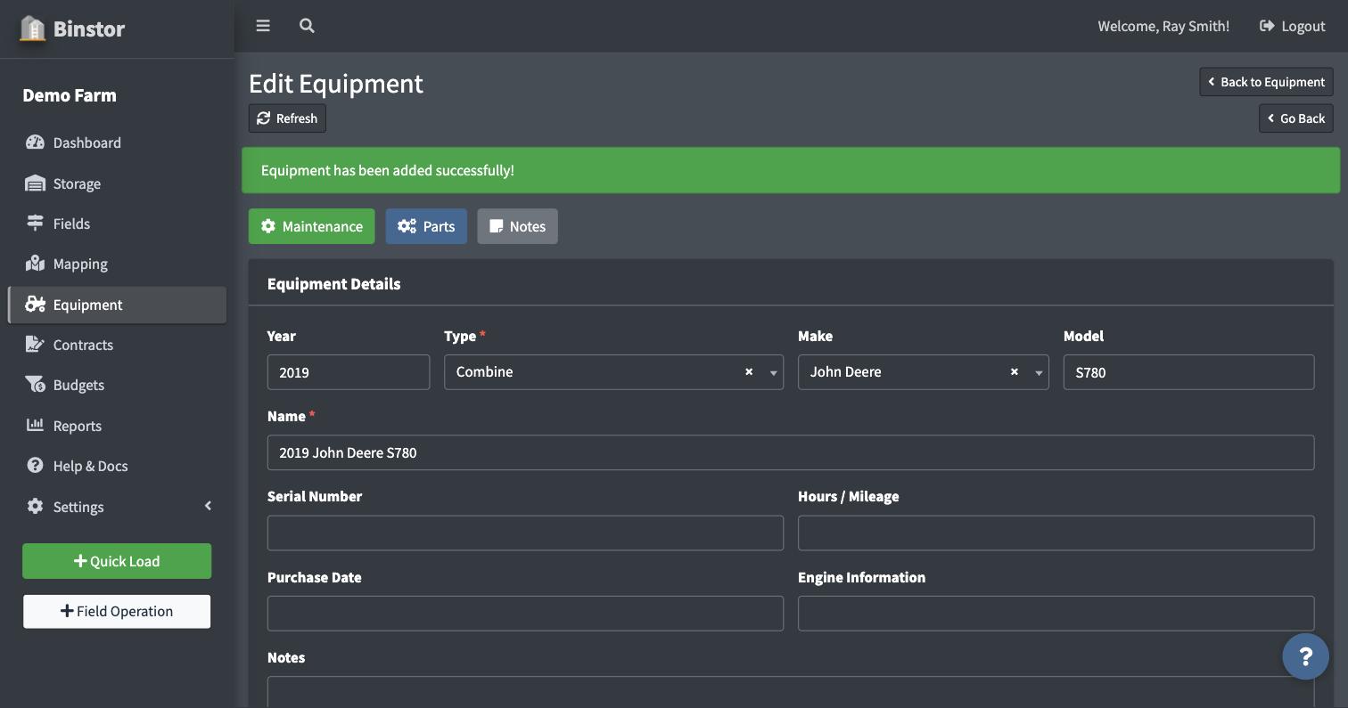 Equipment record after saving, showing Maintenance, Parts, and Notes tabs