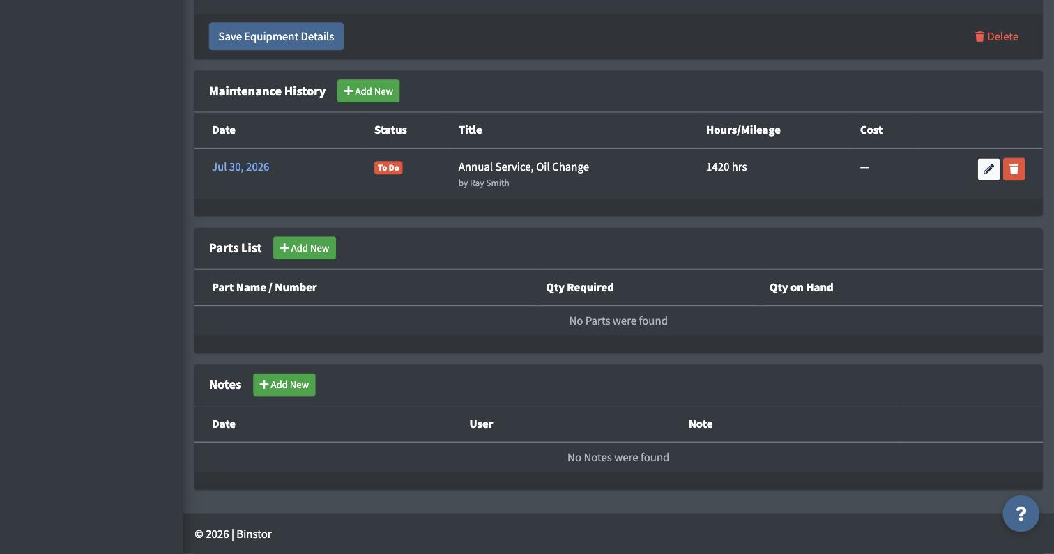 Maintenance History list showing the new record with edit and delete icons