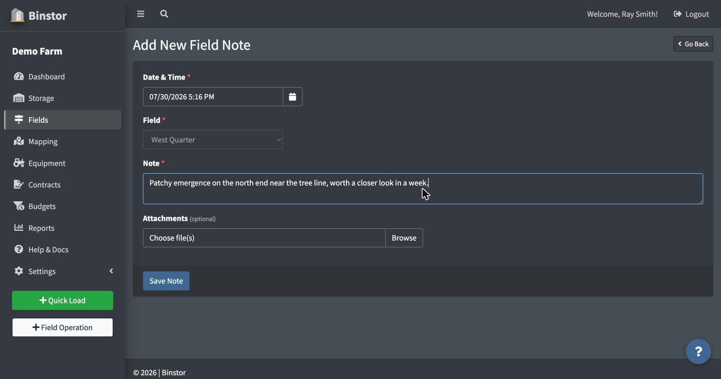 Add New Field Note form filled out with note text