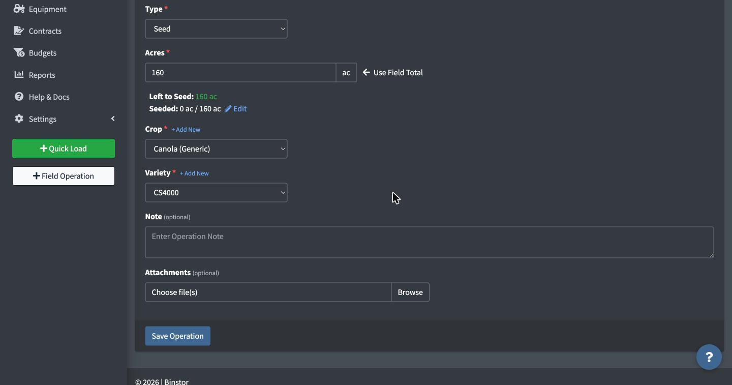 Add New Field Operation form filled out, showing the acreage summary