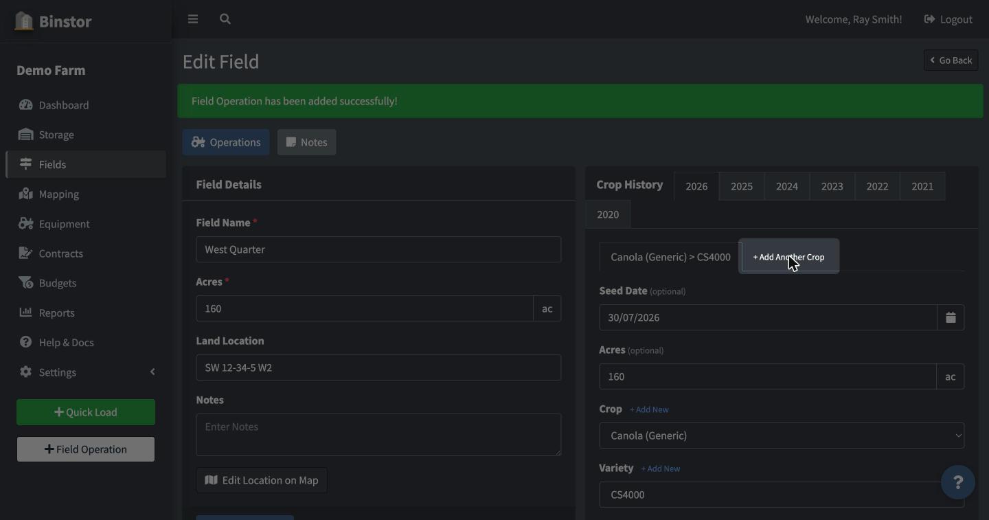 Field Edit page's Crop History panel with the Add Another Crop link