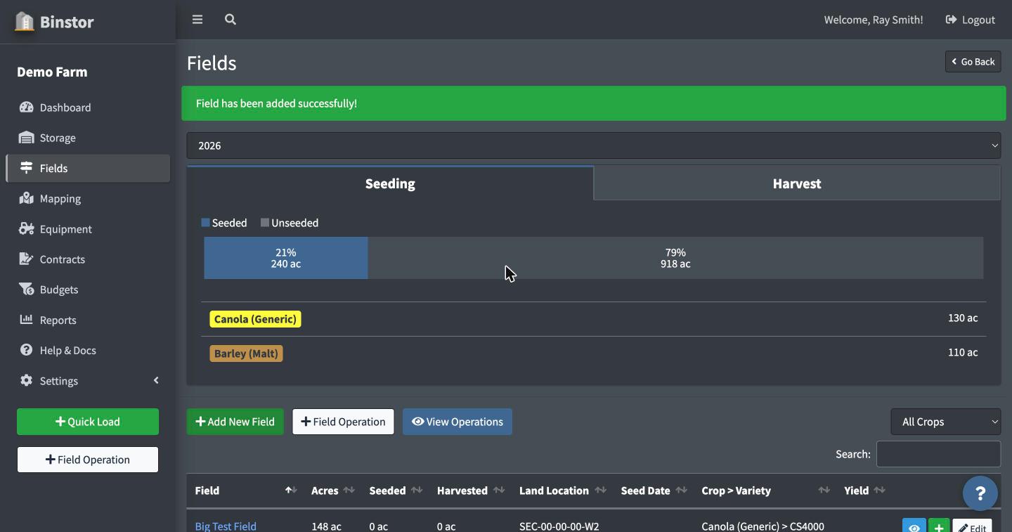 Fields page showing the new field added successfully