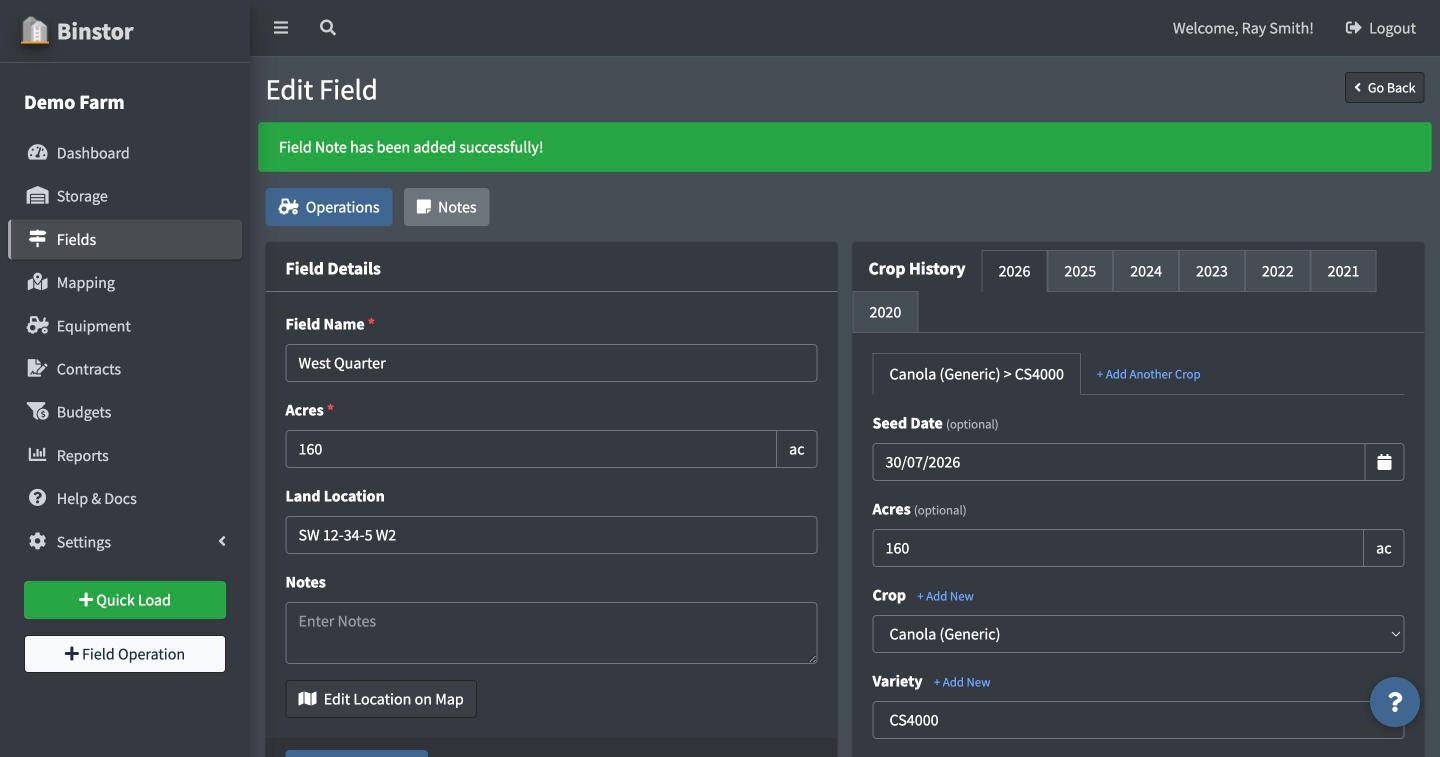 Field Edit page after saving, showing the confirmation