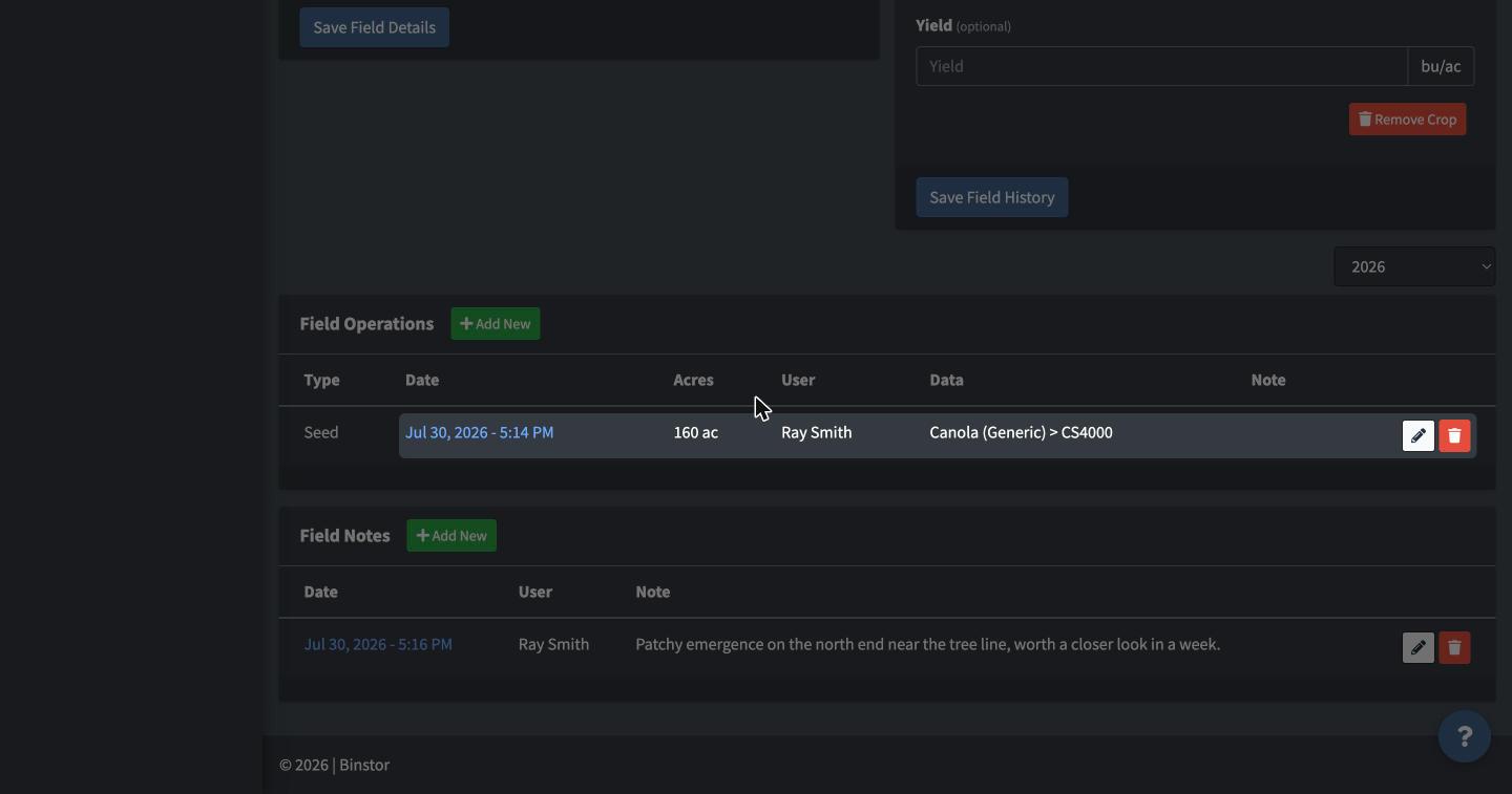 Field Operations and Field Notes lists with edit and delete icons