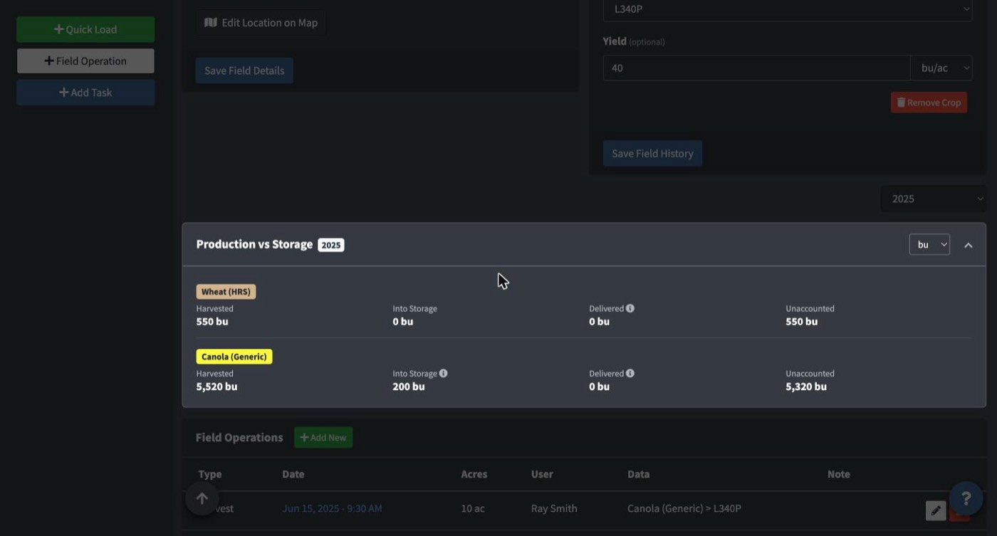 Field Edit page's Production vs Storage card showing Harvested, Into Storage, Delivered, and Unaccounted