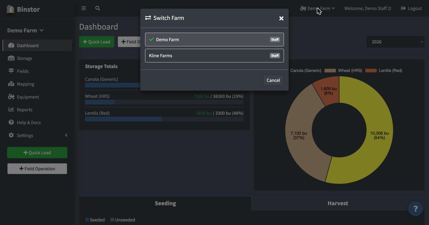 Switch Farm modal showing the current farm checked and another farm listed as a button