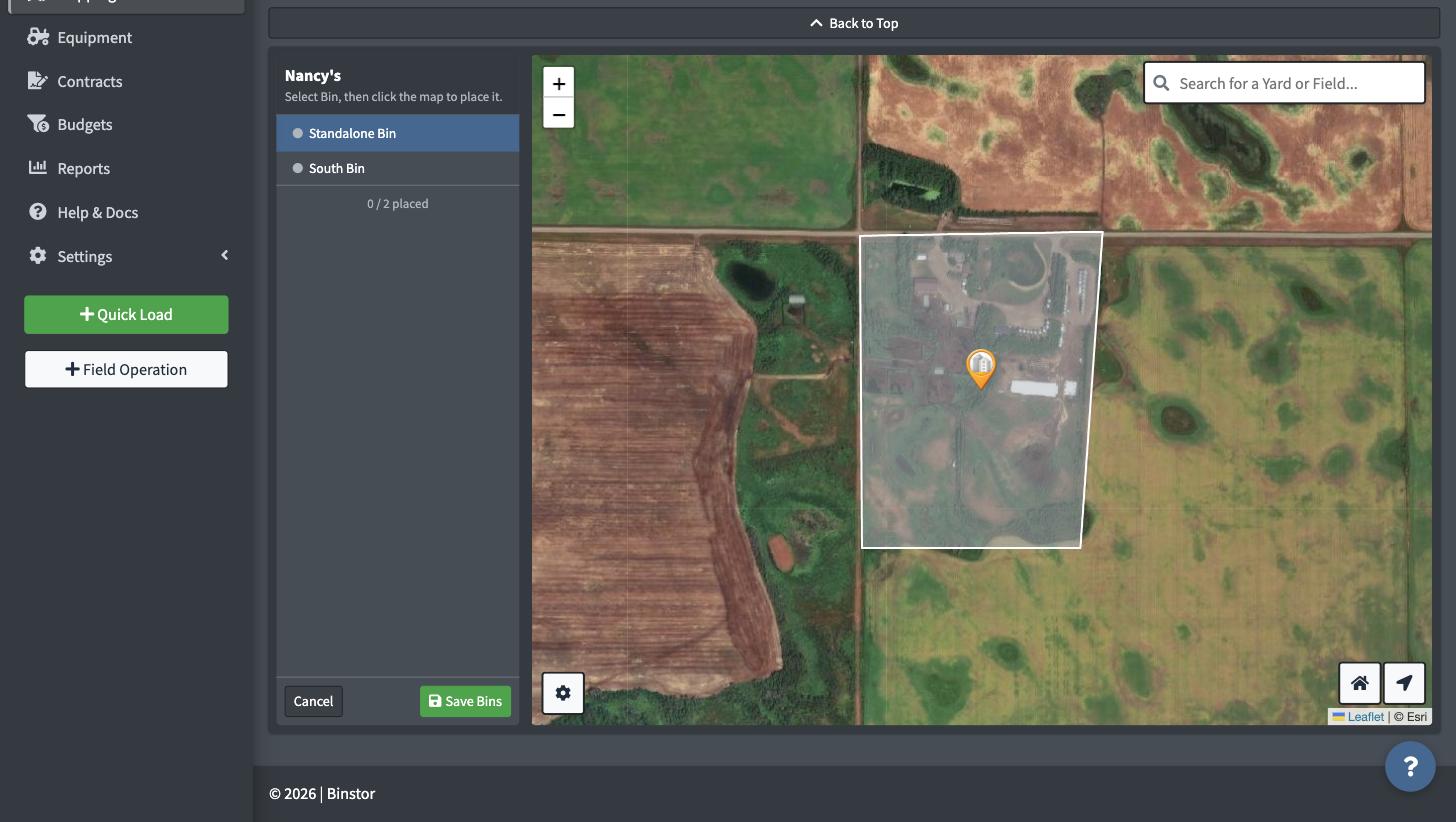 Place Bins tool open for a Yard, showing its unplaced bins listed alongside the map