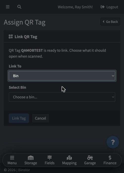 Link QR Tag screen on a phone with the Link To dropdown