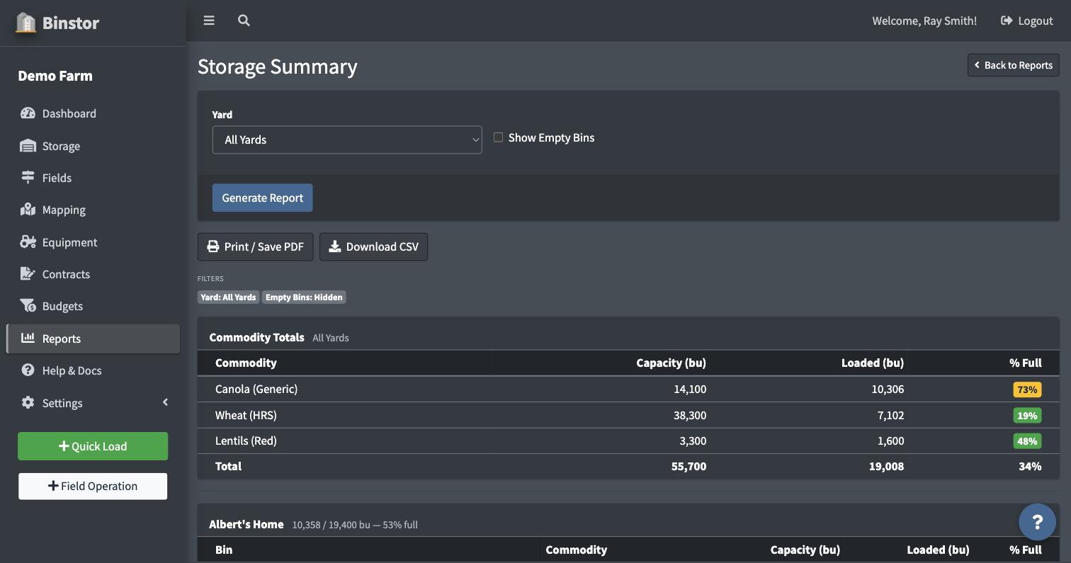 Storage Summary report generated with results table and Print/Download buttons