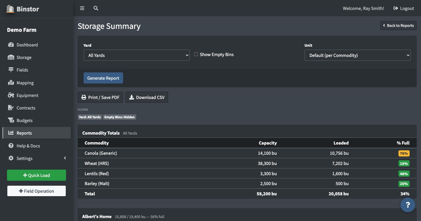 Storage Summary report generated with results table and Print/Download buttons