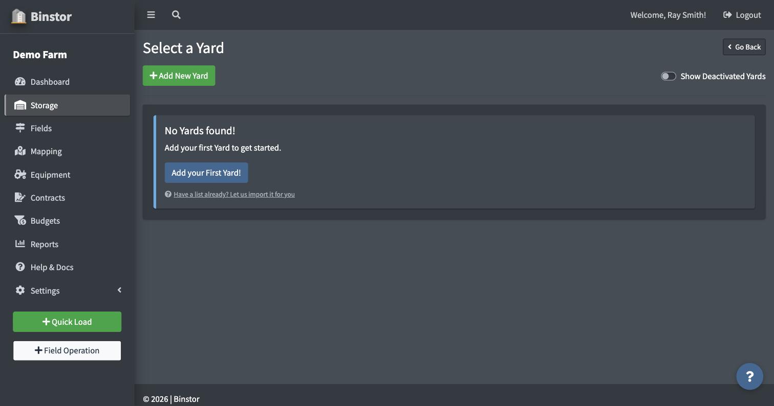 Empty Yards list with the Add your First Yard button and the import link