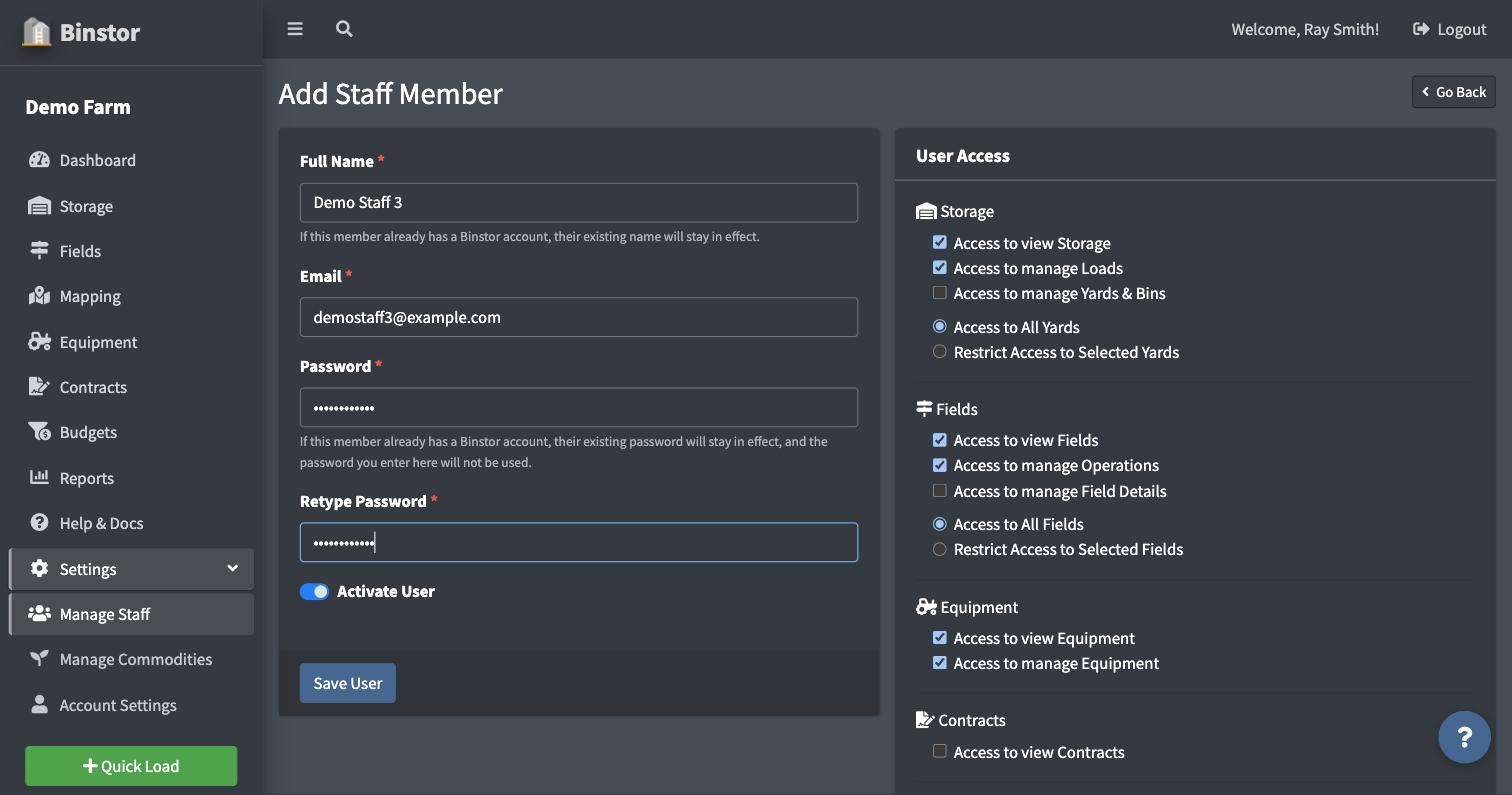 Add Staff Member form with Full Name, Email, Password and the User Access panel