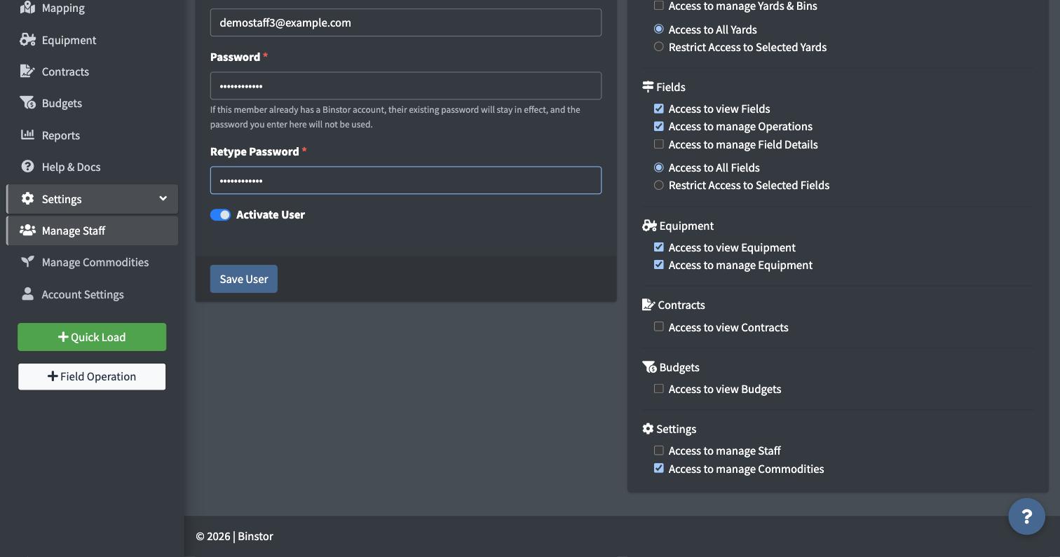 User Access panel showing Contracts, Budgets, and Settings permissions