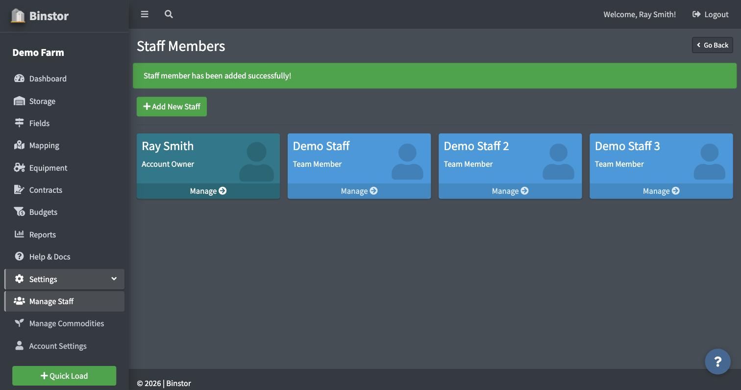 Staff Members list showing the new staff member added successfully