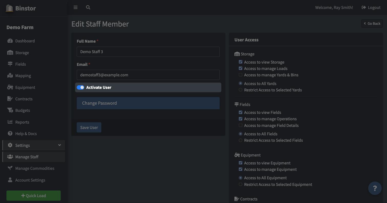 Edit Staff Member page with the Activate User toggle highlighted