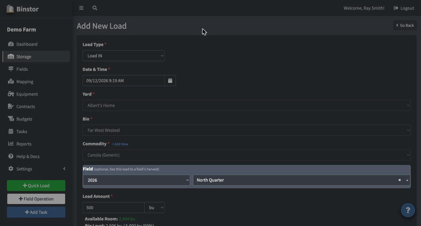 Add New Load form with the optional Field dropdown highlighted